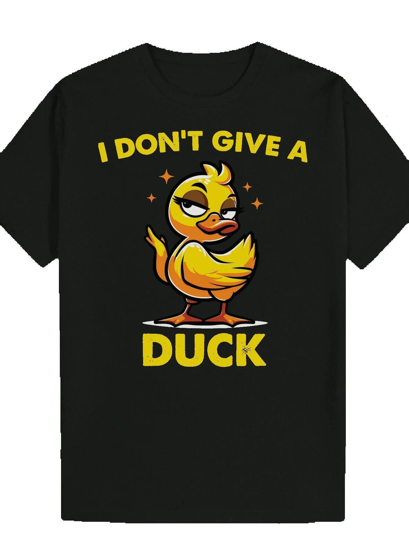 Men's Summer - Fun "I Don't Give a Duck" Pattern, Black Polyester Crew Neck T-Shirt, Yellow Duck Design, and Breathable, Suitable 