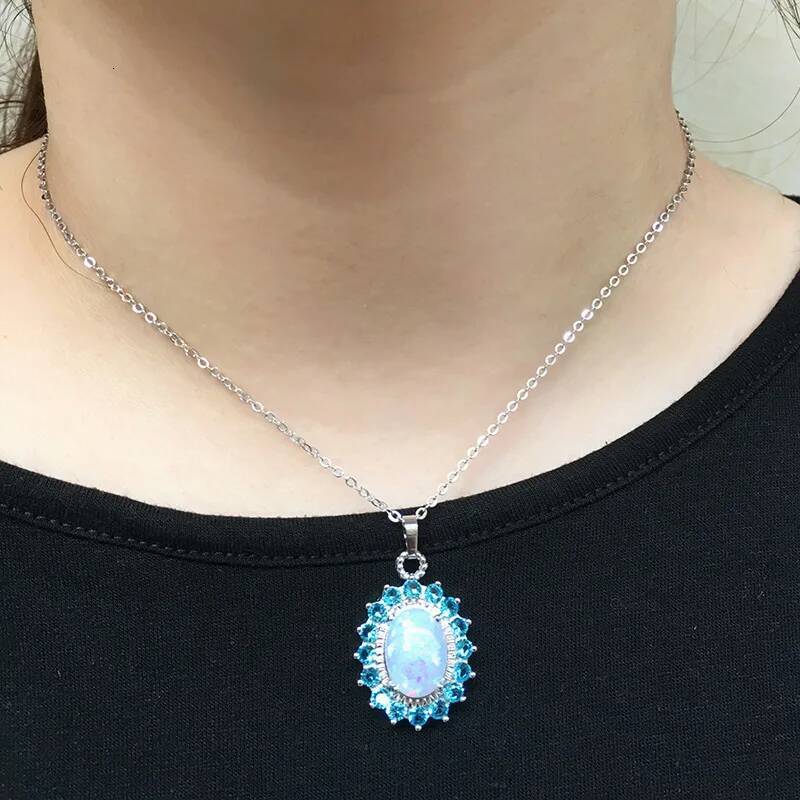 Genuine Sterling Sier Pendant Oval Shape Opal Necklace Zirconia Women Chain Necklaces Birthday Gifts for Wife