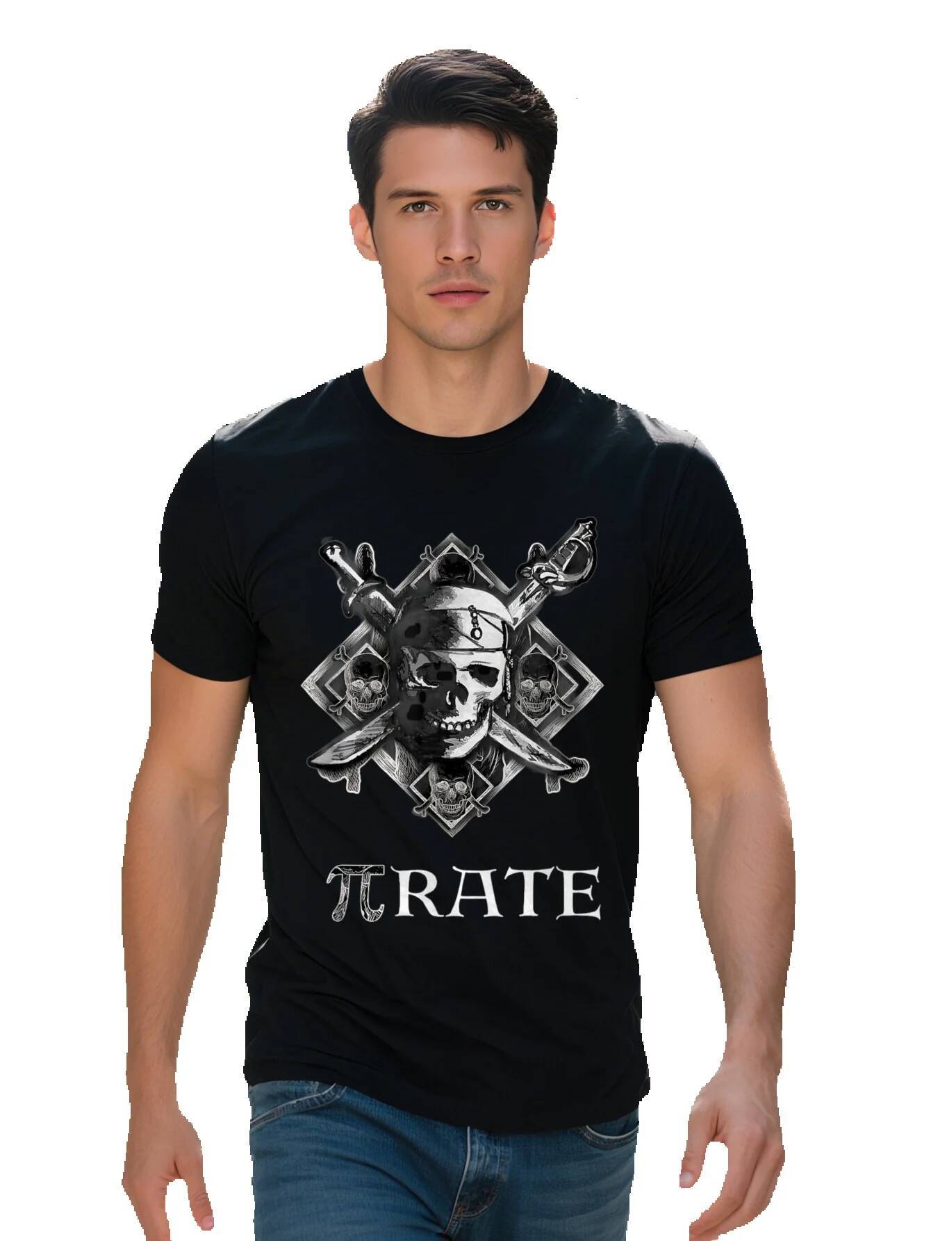 Pirate Themed Cotton T-Shirt Men Women, Black Crew Neck with Skull and Crossed Swords Graphic, Perfect for Math a0ae9 b555e