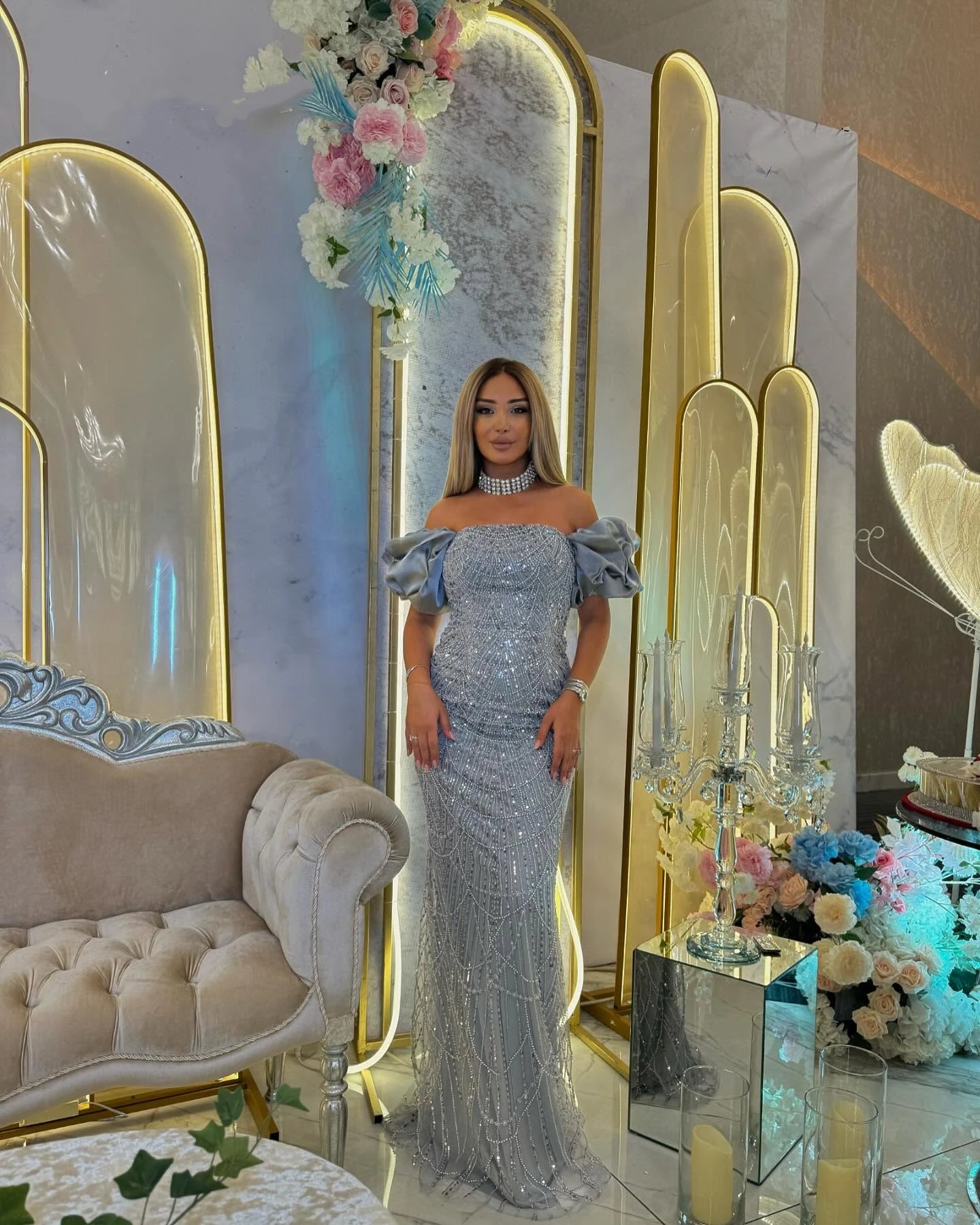 Fancy Sequins Evening Dresses Off Shoulder Prom Gowns Beading Sweep Train Princess Customized Party Dresses Vestidos de noche Plus Size