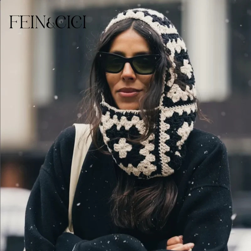 Colorful wool knit Balaclava Granny wooden Square Winter warm Crochet Hoodie hat Winter Accessories 250808