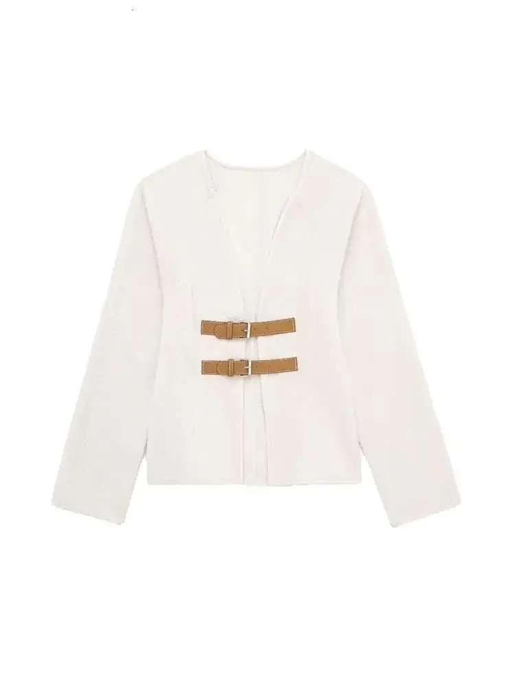 TRZA Women Fashion With Belt Woolen Jacket Coat V Neck Long Sleeve Female Outerwear Chic Tops 250809