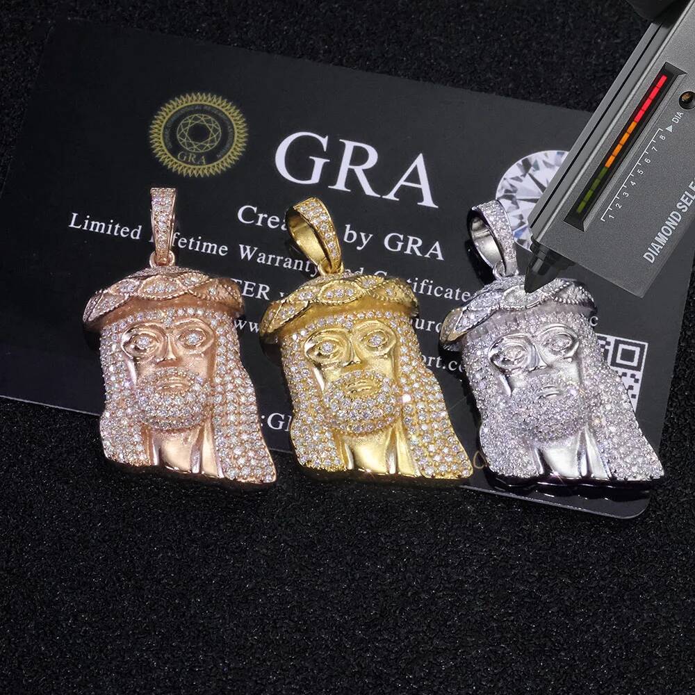 ICEBLING Hip Hop Jewelry Iced Out Moissanite Jesus Head Pendant Pass Diamond Test Rose Gold Plated 925 Silver Charm Necklace