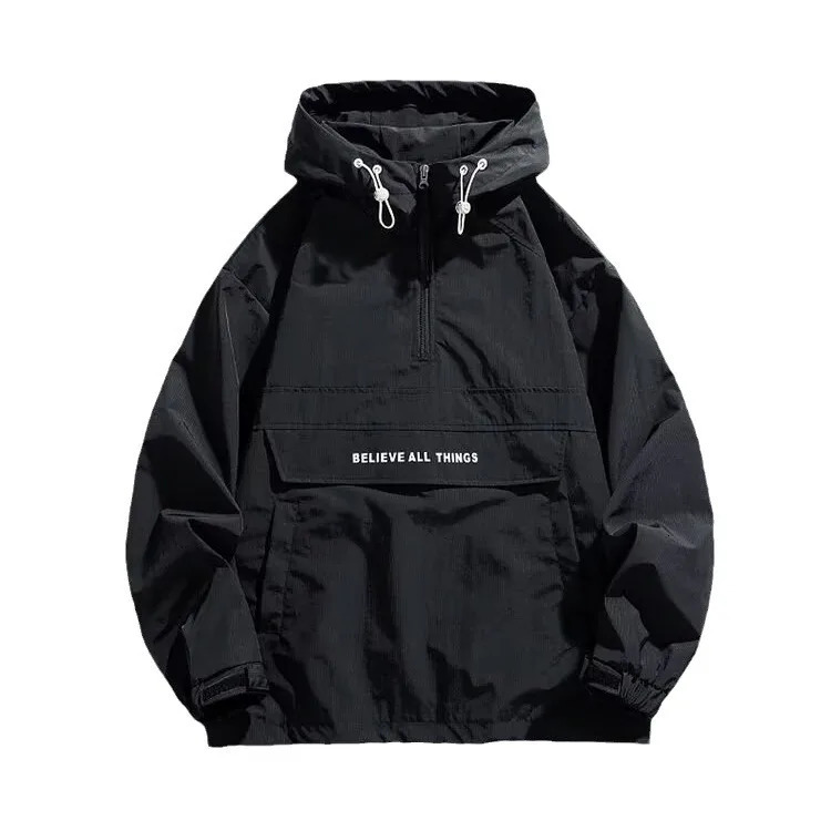 Hooded Pullover Jacket Mens Casual Windbreaker with Multiple Pockets Outdoor Sports Half Zip Hard Shell 250809