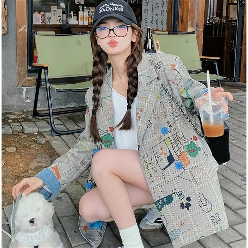 Womens Blazer Jacket Spring Autumn Fashion Graffiti Printed Ladies Lattice Suit Coat Casual Korean Version Lady Outerwear 250811