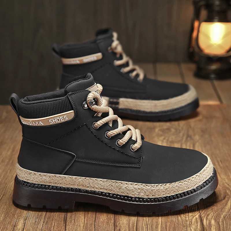 2024 Comfort Platform Boots for Men Trendy High Top Leather Boots Men Casual Hiking Shoes Autumn Fashion Yellow Work Boots Men W250811