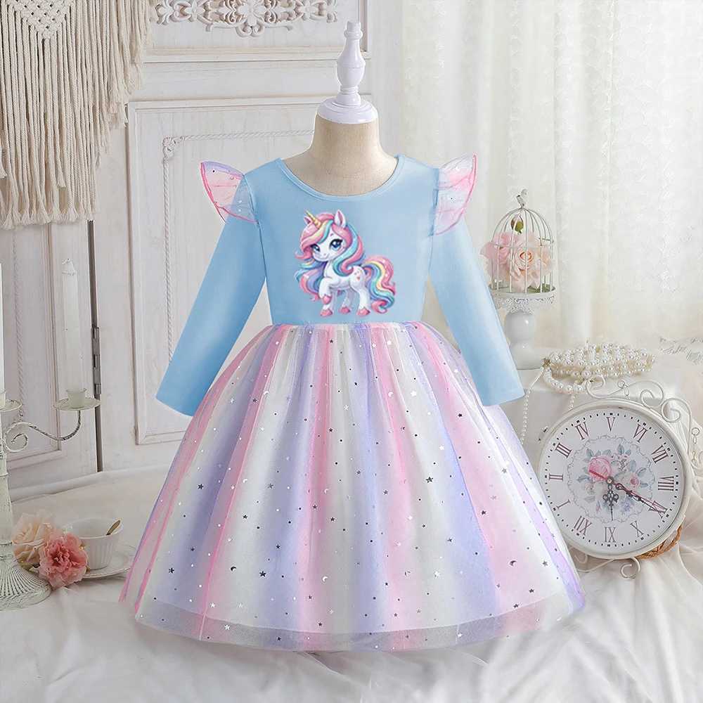 New Rainbow Unicorn Princess Dress Baby Girls Dress Spring Autumn Long-sleeved For Children Kids Clothing Birthday Party Dress W250811
