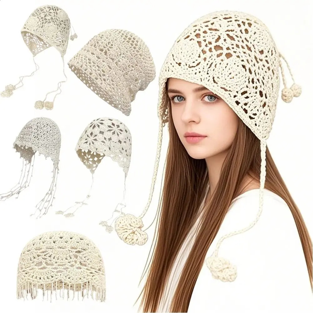 Fashion High Quality Cotton Women Beanie Hat Floral Handmade Skull Cap Lightweight Crochet Slouchy Knitted Hat Summer 250805