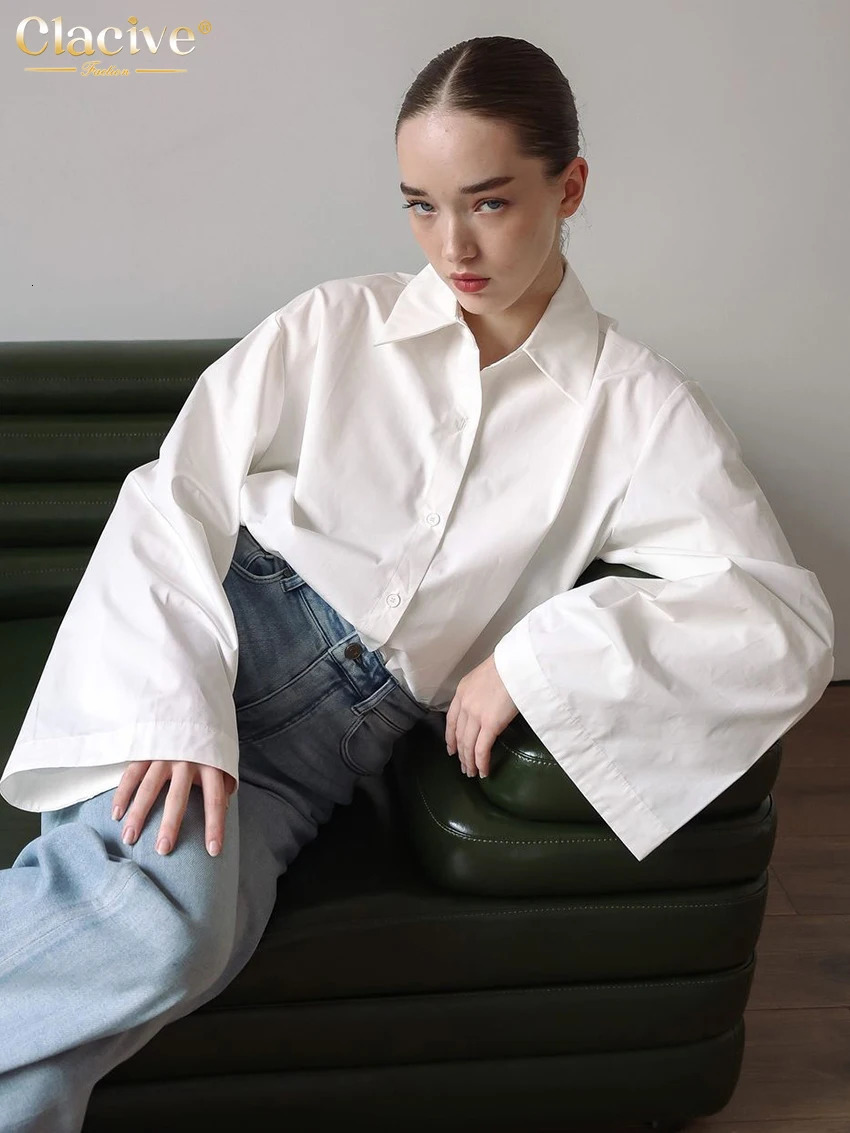 Clacive Fashion Loose White Cotton Womens Blouse 2025 Casual Lapel Long Sleeve Shirt Elegant Classic Solid Top Female Clothing 250811