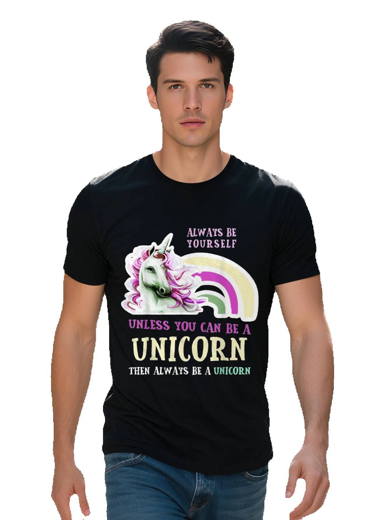 Men s g Cotton T Shirt Always Yourself Unless You Can Be A Funny Tee with Rainbow Design Black Short Sleeve ebd45 812b8