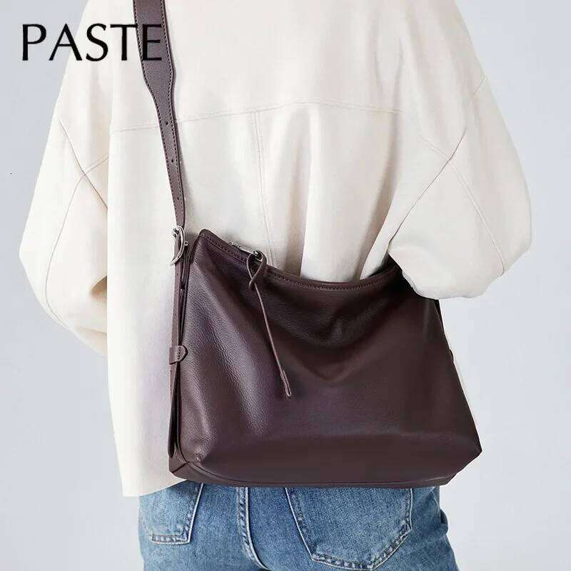 Strictly Select Natural Cow Leather Women Single Shoulder Chocolate Color Large All-match Soft Ladies Crossbody Bag