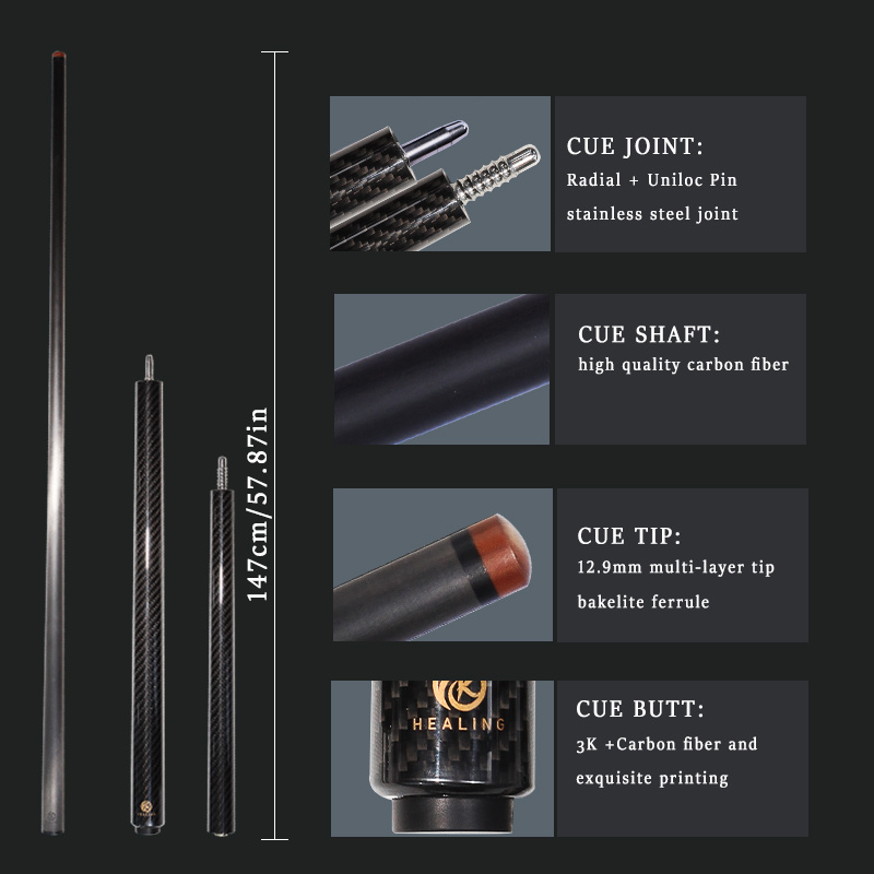 OKHEALING 100% Carbon Fiber 3pcs Break Jump Cue, Black Technology Low Deflection Billiard Cue Stick, Bakelite Tip, Total Length 58in/147cm, 20oz