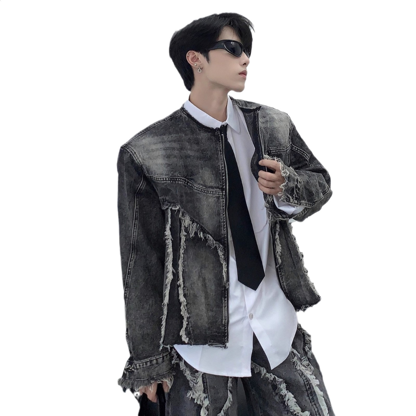 Streetwear Mens Clothing Harajuku Punk Striped Embroidered Denim Jacket Coat Goth Black Straight Pockets Skull Graphic Trousers 250221