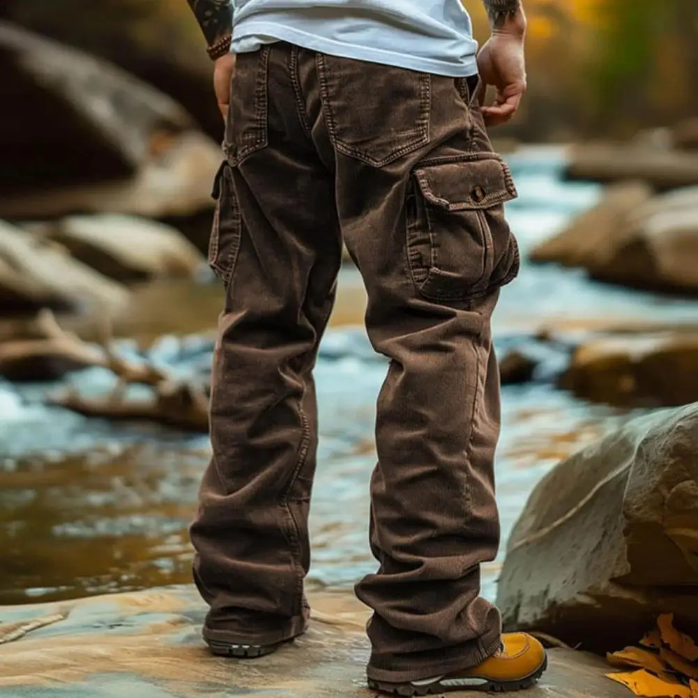 Men Cargo Pants Mid-rise Solid Color Corduroy Trousers with Multi Pockets Retro Style Casual Long Trousers Work Pants Man 250811