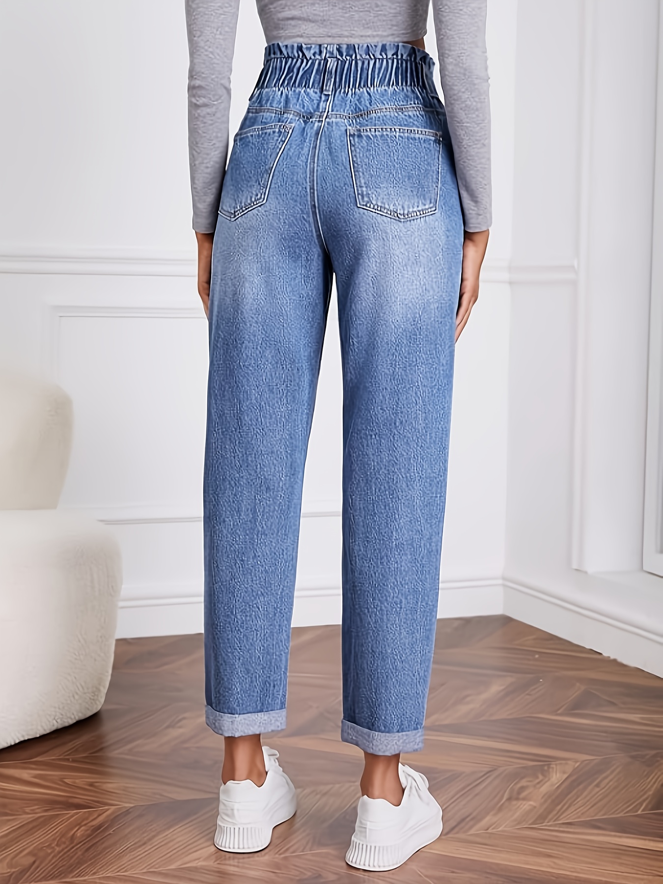 Women's Stretch Jeans - Fashion Elastic Waistband Lotus Leaf Design & Rolled Cuffs