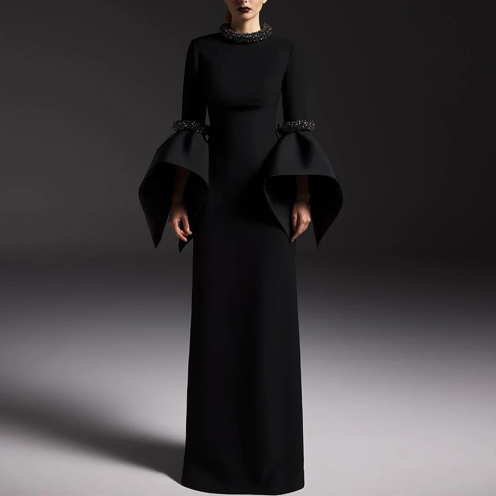Black Evening Dress Long Sleeves Beading High Collar Modern Gowns for Women Floor Length Column Formal Party 250811