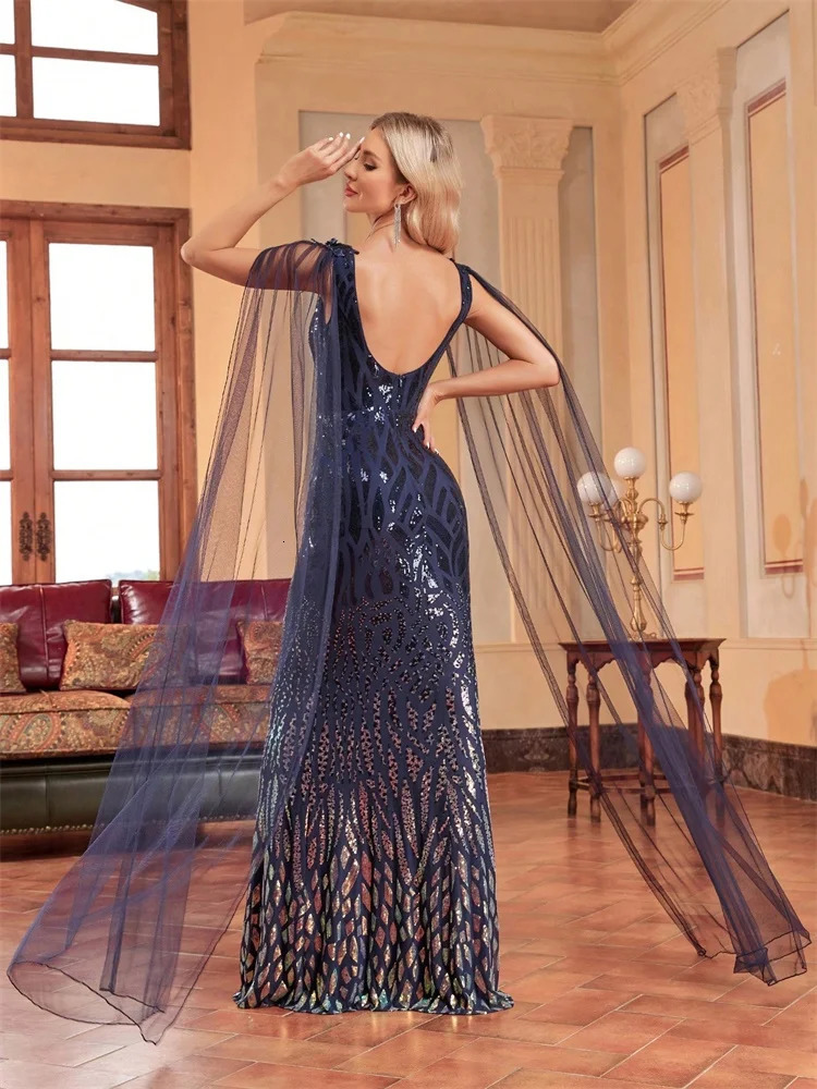 y Arabia Long Sleeve Sequins Evening Dress Women Female Guests Wedding Party Prom Blue Cocktail Dresses 250811