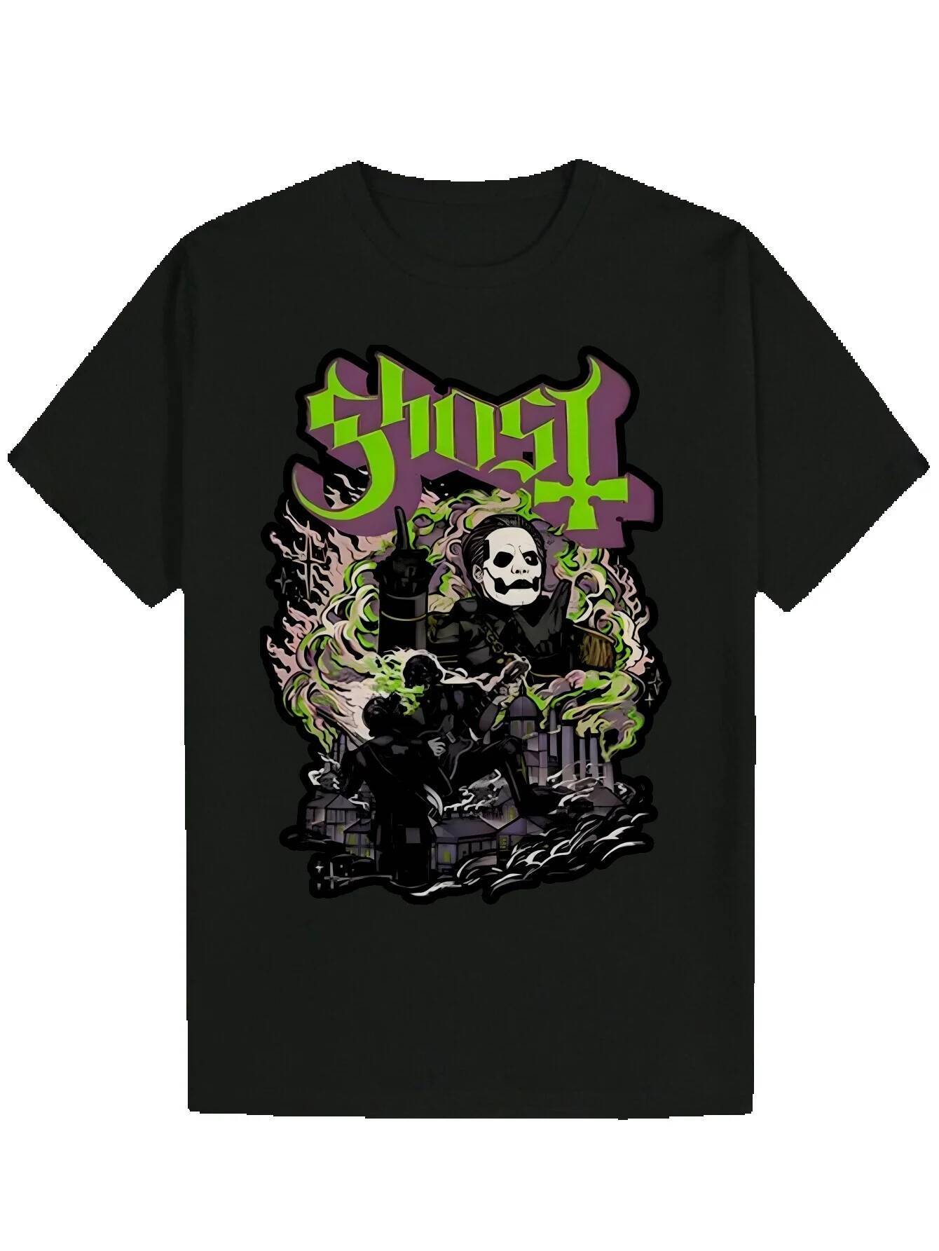 Men's Summer Casual Round Neck Polyester T-Shirt with Gothic Skull and Flame Design