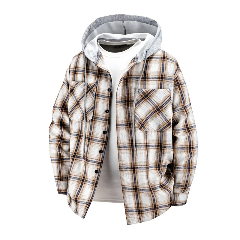 Hooded mens and womens wearable plaid shirts Japanese shirt jackets for spring fall loosefitting longsleeve 250808