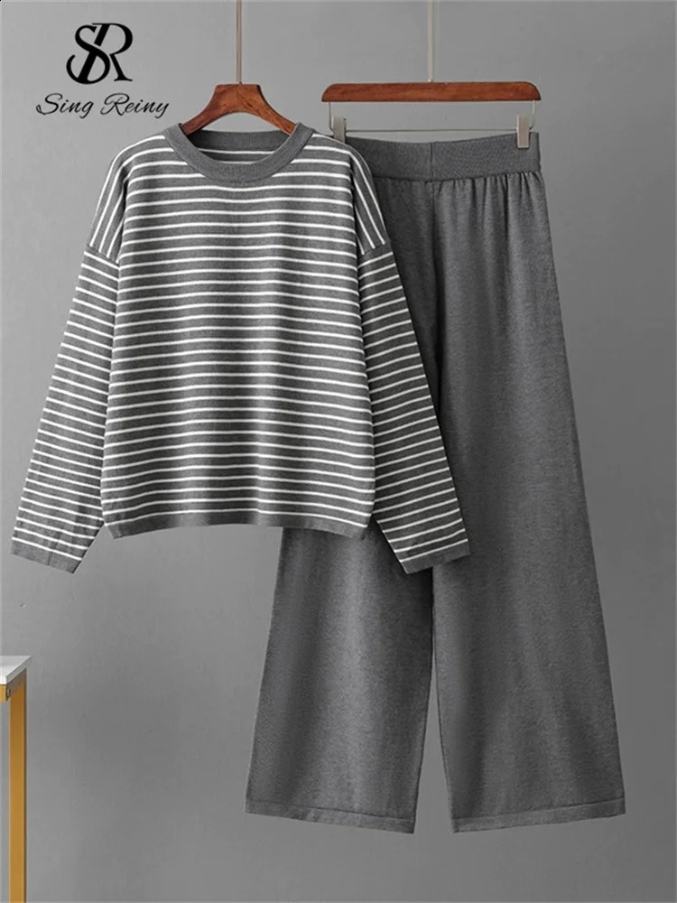 SINGREINY Fashion Loose Sweater Suits Female Full Sleeve Stripe TopsHigh Waist Long Pants Winter Korean Knitted Sets 250806