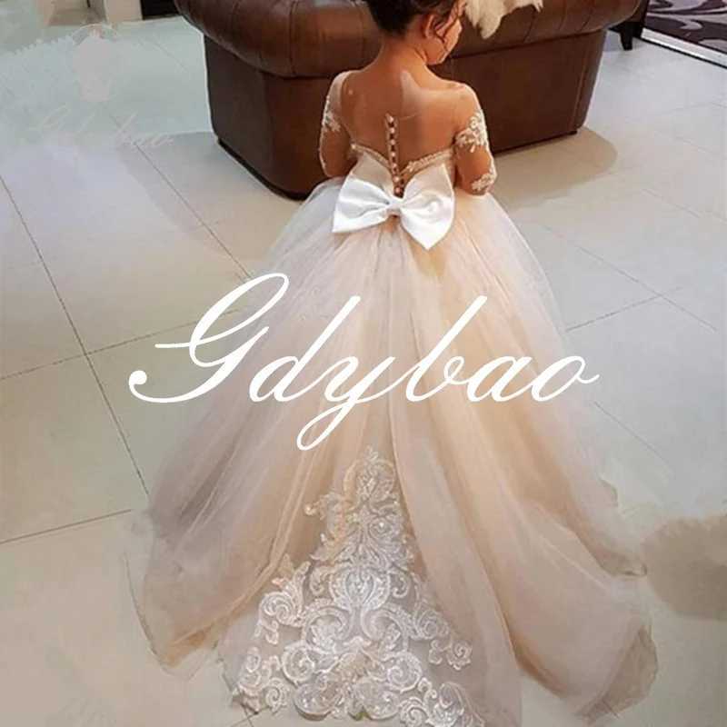 Elegant Flower Girl Dresses Lace Applique Half Sleeve Tulle O-Neck Girls First Communion Dress for Ceremony Birthday Party Dress W250811