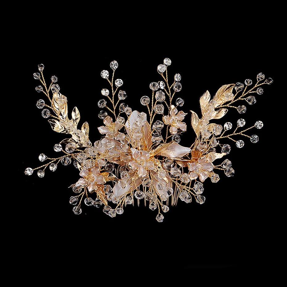 Gold Color Floral Wedding Hair Combs Bridal Accessoaries for Women Bride Pearl Headpiece Jewelry Bridesmaid Gift 250804