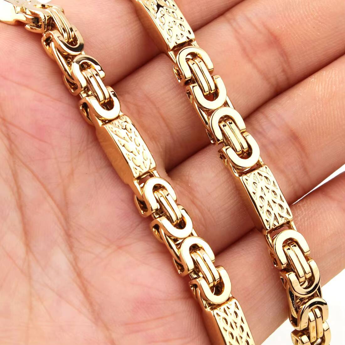 MJ Custom Design Stainless Steel Jewelry Chain Waterproof 18K Gold Plated Byzantine Chain Bracelet and Necklace Set for Men