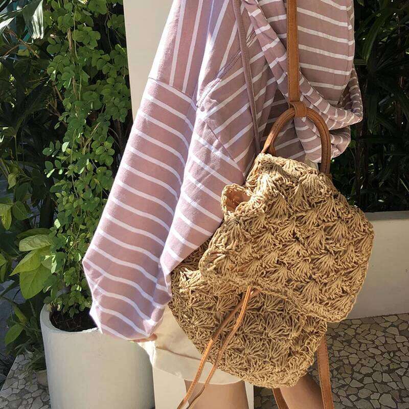 Casual Hollow Straw Backpacks Women Wicker Woven Back Packs Summer Beach Rattan Bag Vinatge Travel Bali Bags for lady 2021