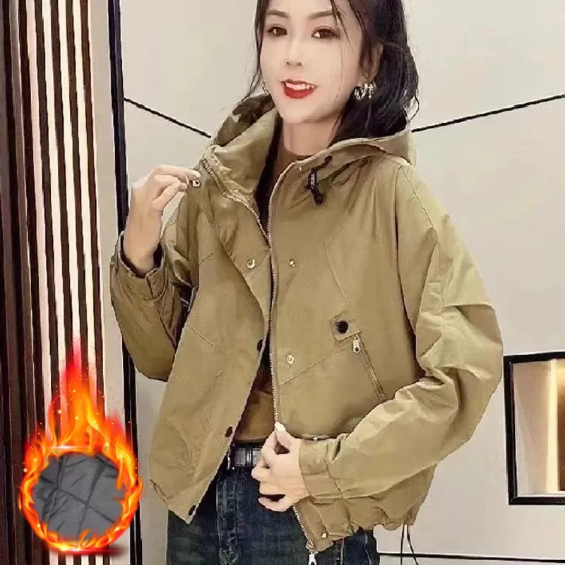 Female Jacket Spring Autumn Style Hooded Trench Coat Zipper Korean Fan Loose Tooling Windbreaker Outerwear Womens Tops 250809