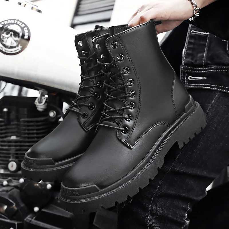 Black Mens Casual Leather Boots Fashion Winter Men Work Boot Mens Shoes Non-slip Designer High Top Ankle Boots Motorcycle Shoes W250811