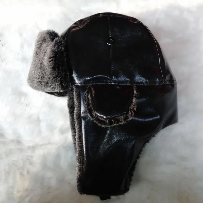 Bomber Hat with Ear Flaps Mens Winter Faux Leather Fur Russian Earflap Trapper Cap Fleece Beanie for Men 250724