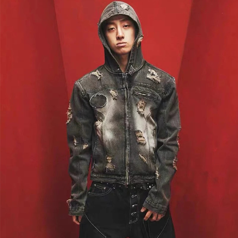 NIGO Mens Retro Old Fashion Denim Jacket Zip Destruction High Street Trend Hiphop #NGTOP11968 250811