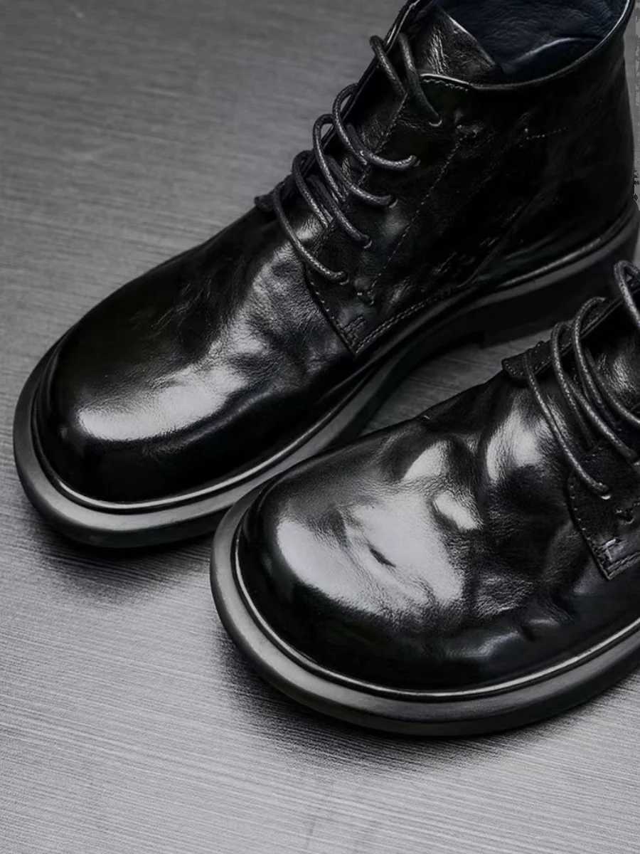 Mens Casual Fashion Leather Boots Round Toe Orthopedic Boots Flat Boots Trendy Boots Warm Lace-up Rubber Outsole W250811