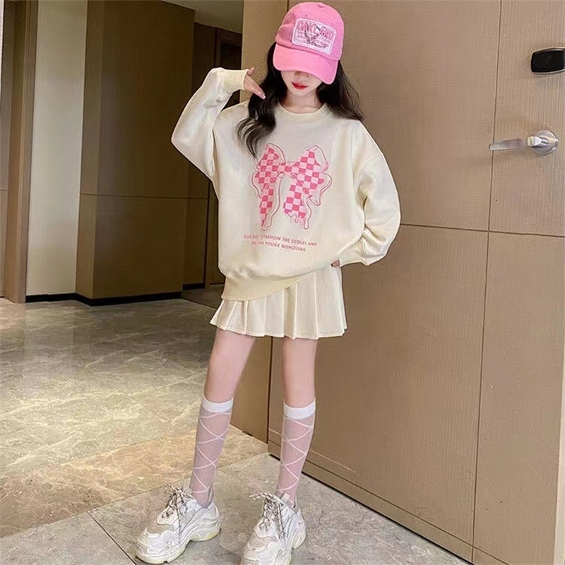 2025 girls autumn white sailor plaid bow sweatshirt hooded top t-shirt skirt teenager children clothes set 4 8 9 10 11 12 year 250811