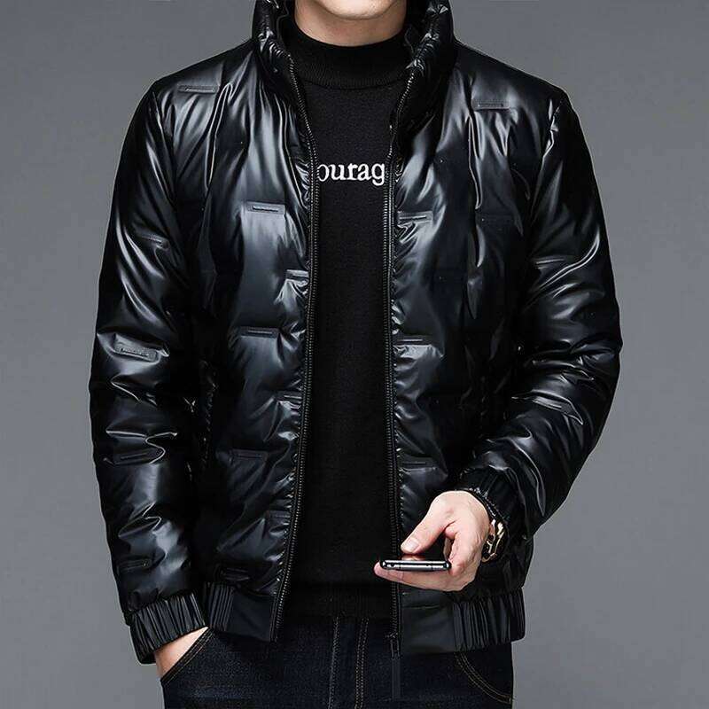 Winter new style Men's bright leather fashionable jacket Casual stand collar short men's white duck down feather