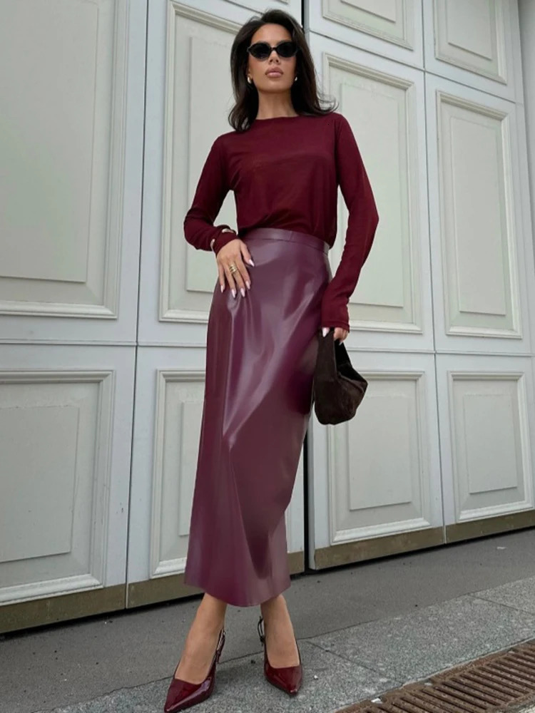 Trendix Women Elegant Burgundy Skirt High Waist Slim Fashion Slit Long Skirts Female Party Slim Club Sexy Vintage PU Skirts 250811