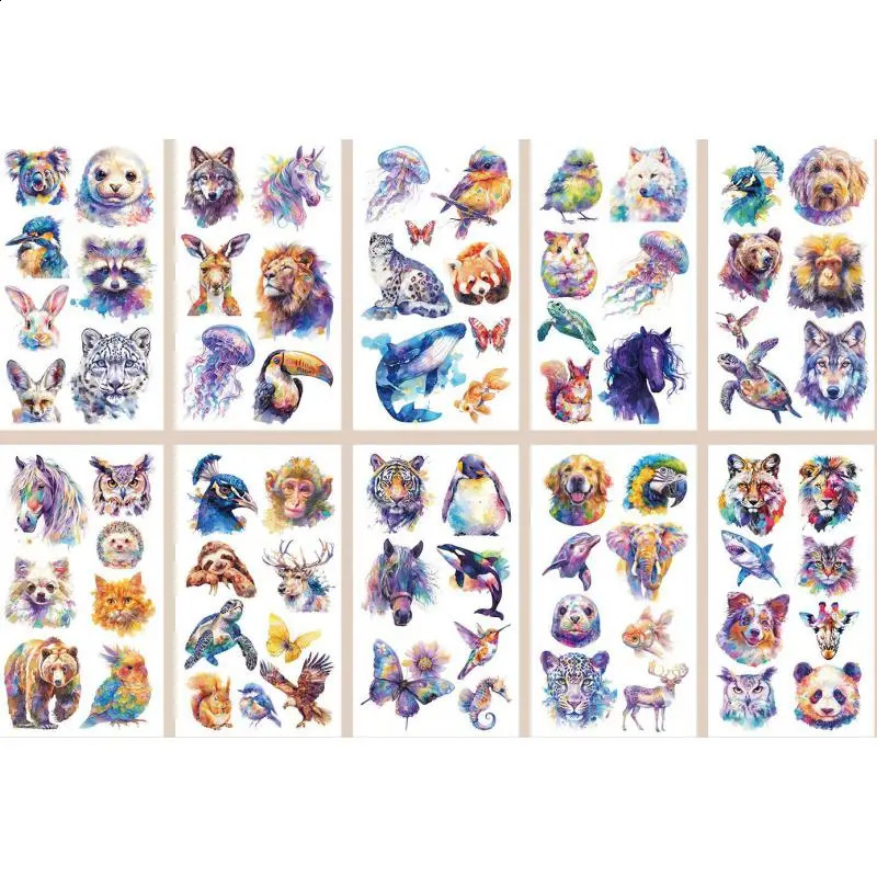 10pcsset Cartoon Colorful Animal Temporary Tattoo Stickers Cute Cat For Birthday Party Gift Sticker 250809