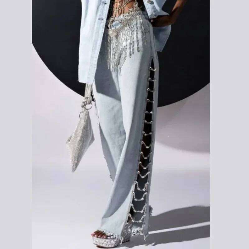 Denim Long with Drill Chains Straight Wide-leg High Waist Ripped Jeans for Women Summer Thin Side Slit Pants