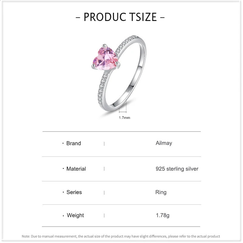 Ailmay 925 Sterling Silver Sparkling Romantic Pink Heart Clear CZ Finger Rings For Women Trendy Wedding Accessories Jewelry Gift 250807