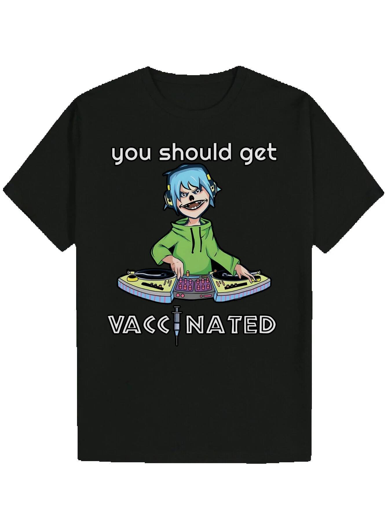 Men's Summer Pattern T-Shirt - Round Neck Polyester Fiber, Blue Hair DJ Print, Featuring "You Should Get Vaccinated" Design, Lightweigh
