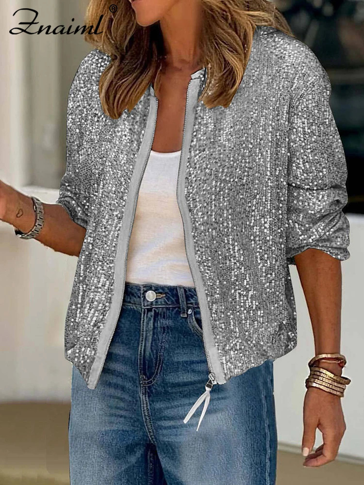 Znaiml Women Sequin Jacket Y2k Harajuku Green Color Zipper Long Sleeve Short Coat Autumn Winter Ladies Night Clubwear 250811