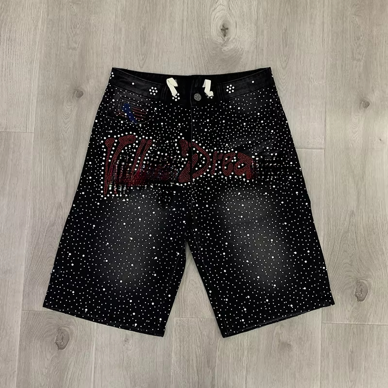Full Flash Diamond Bing Vintage Washed Black Denim Shorts Men Women Casual Rhinestone Jean Breeches