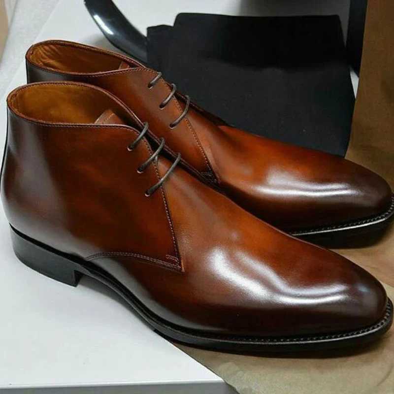 Men Ankle Boots Brown Black Blue Motorcycle Boots Lace Up Business Handmade PU Leather Shoes for Men W250811