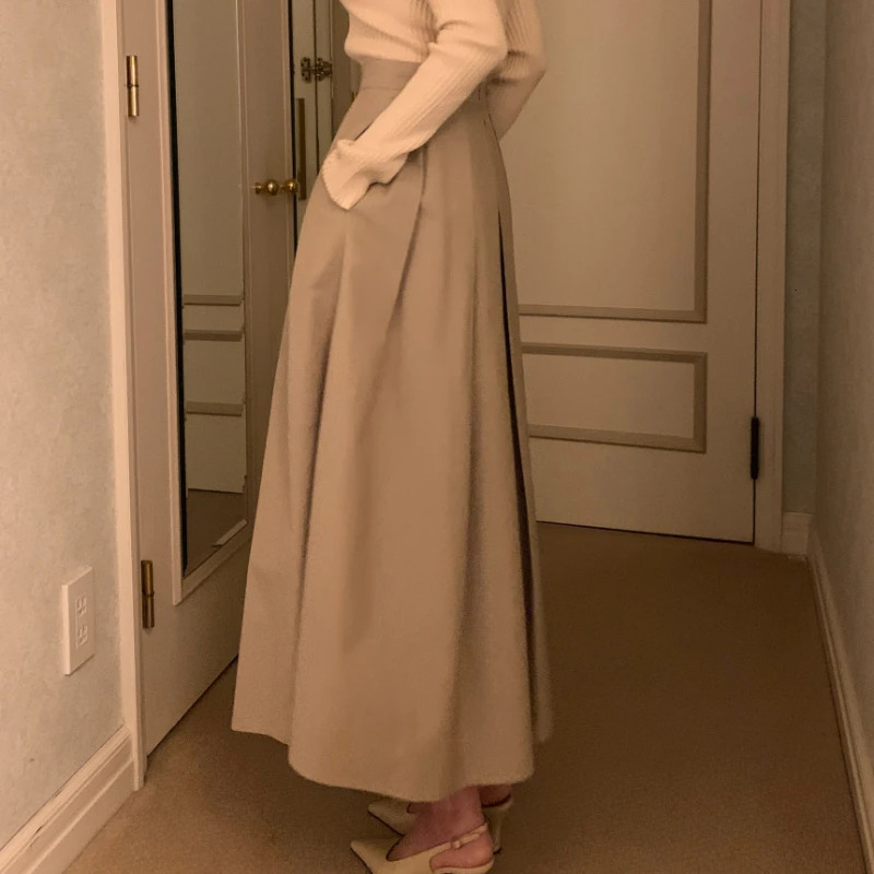 REALEFT Vintage Womens Pleated Skirts 2025 Spring Summer Korea Style High Waist Solid Straight A-line Midi Skirts Female 250811