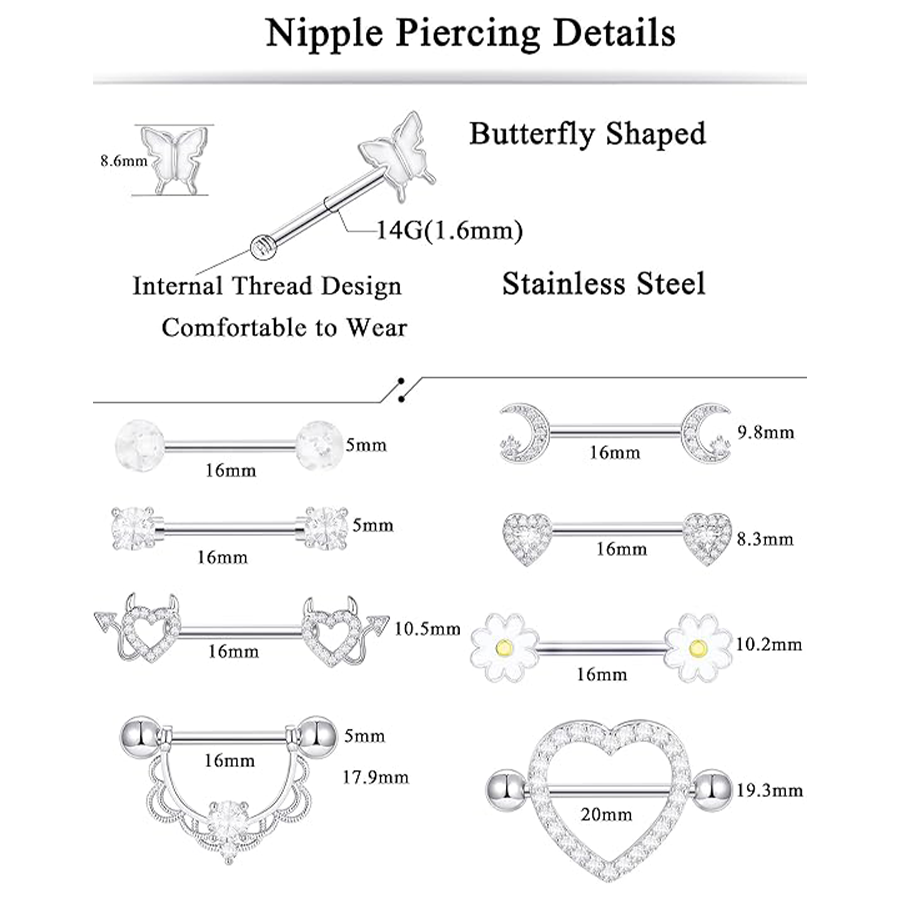 9 Pairs Nipple Rings Stainless Steel Heart Butterfly Moon Flower CZ Barbell Tongue Rings Set Cute Nipplerings Piercing Jewelry for Women White Tone