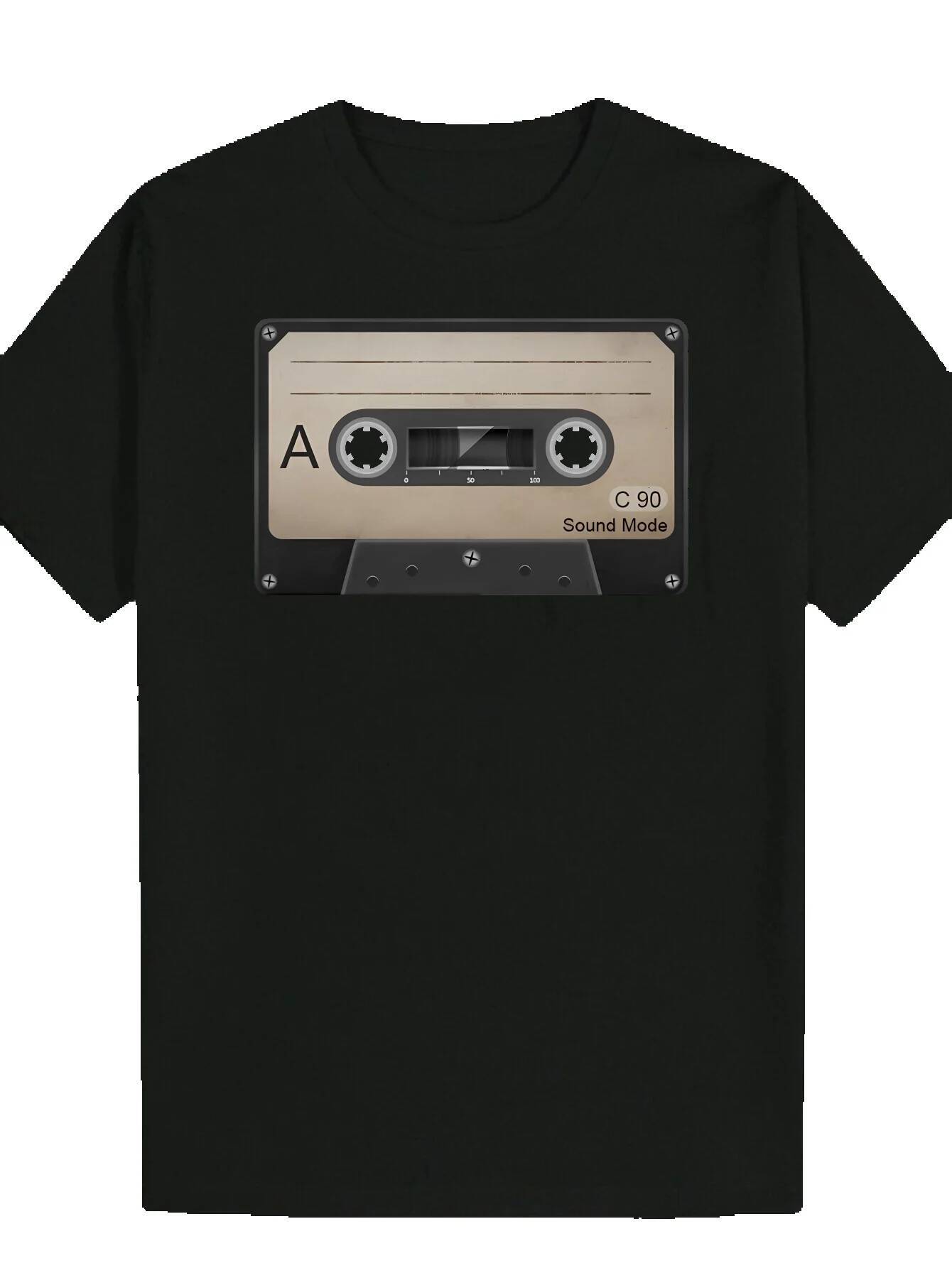 Men's Round Neck Polyester Cassette Tape Design, Regular Fit, Slightly Elastic Fabric, Short Sleeve T-Shirt, Summer Casual Wear Music Theme | Pat