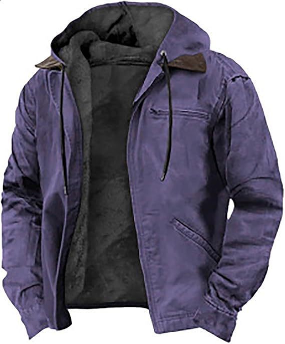 Solid Color Hooded Cotton Jacket Casual Mens Fleece Lined Zipper Pocket Jacket Coat 250808