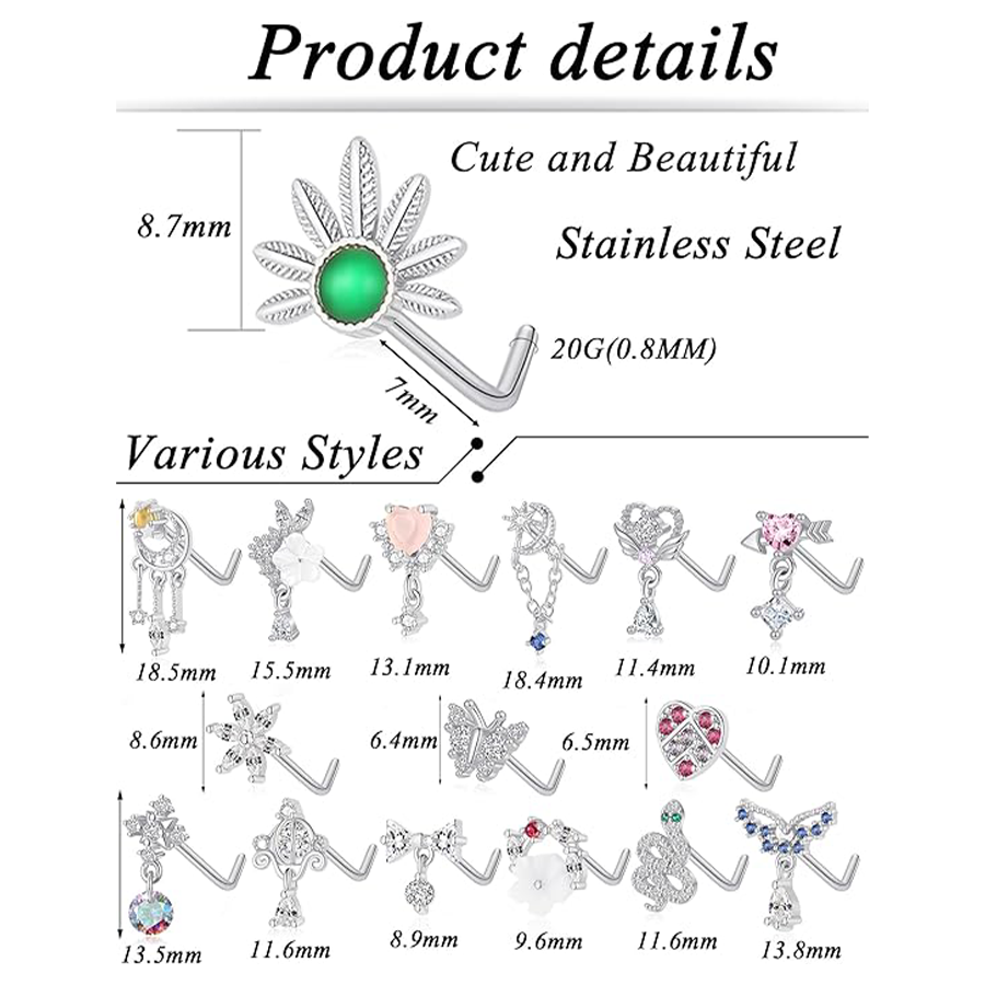 16Pcs 20G Nose Rings L Shaped Nose Studs for Women Stainless Steel Heart Snake Flower Bowknot CZ Butterfly Moon Dangle Nose Stud Ring Body Piercing Je