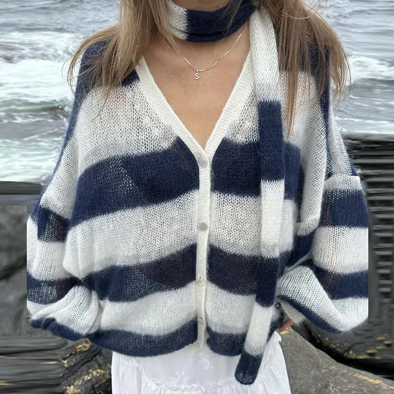 TARUXY Fashion Striped Sweater Cardigan With Scarf Female Loose Thin Hollow Knitted Top Lantern Sleeve Contrast Color Retro Top 250804