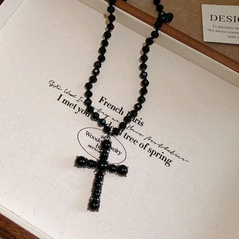 Gothic Punk Fashion Black Pearl Cross Pendant Necklace For Women Unisex Vintage Classic Charms Couple Chain Accessory Gift